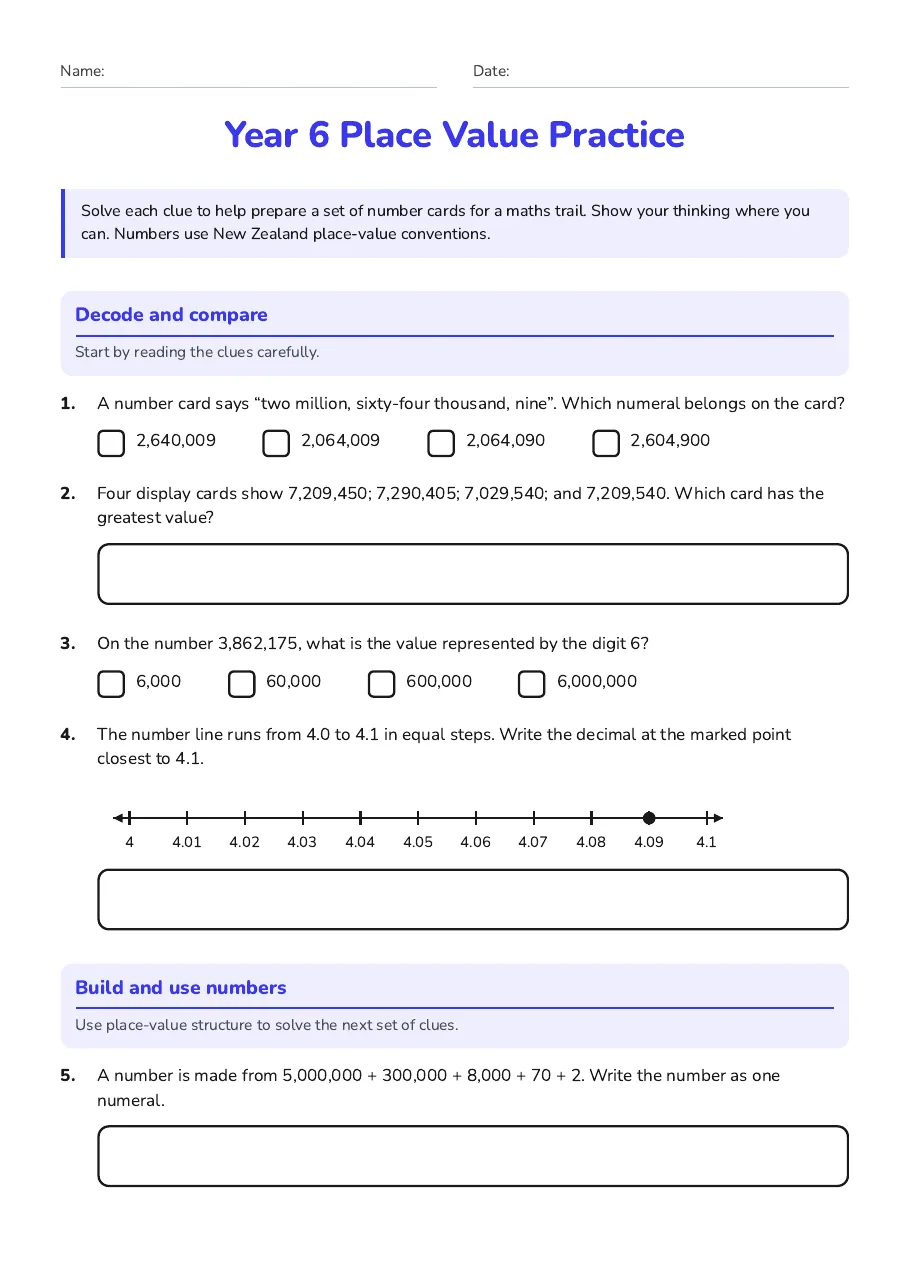 Year 6 Place Value Practice, page 1 of 2: Decode and compare, Build and use numbers