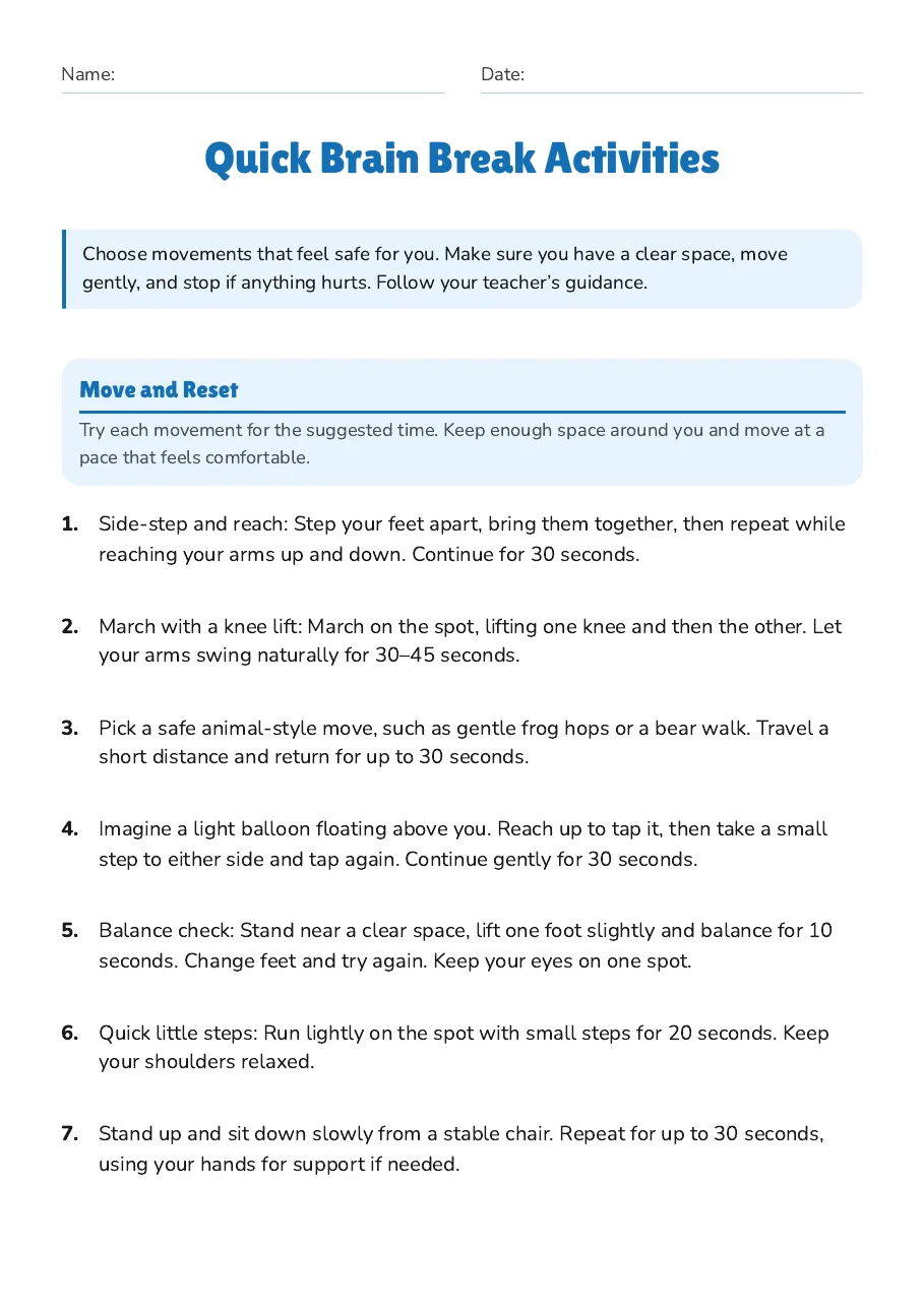 Quick Brain Break Activities, page 1 of 2: Move and Reset