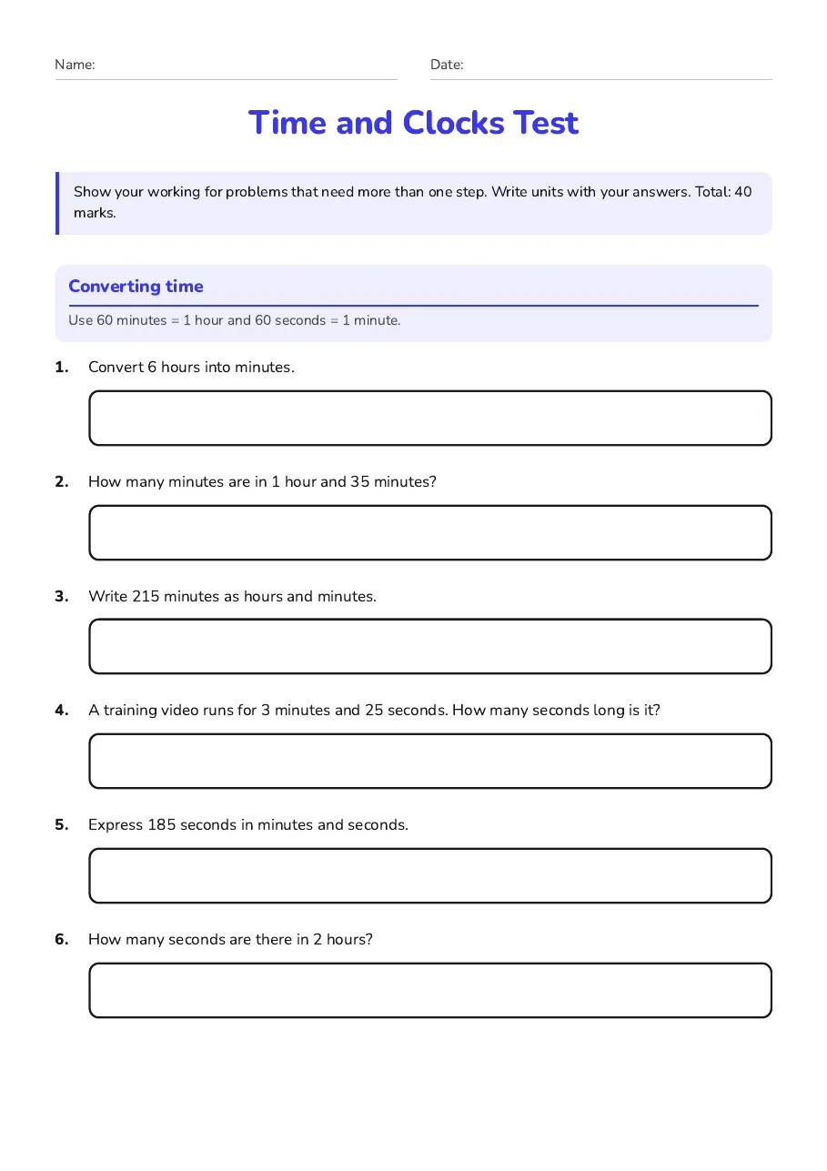Time and Clocks Test, page 1 of 4: Converting time