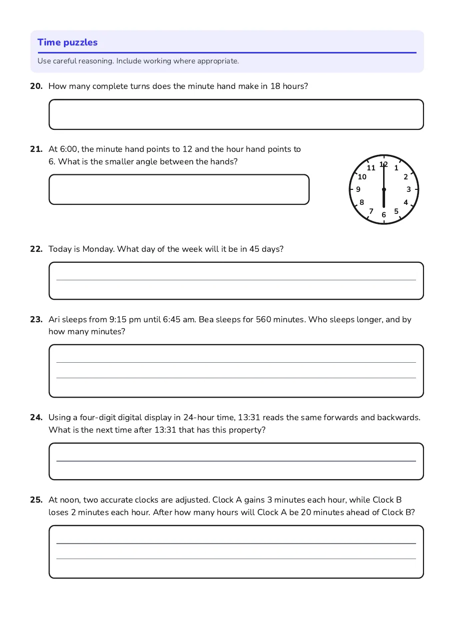 Time and Clocks Test, page 4 of 4: Time puzzles
