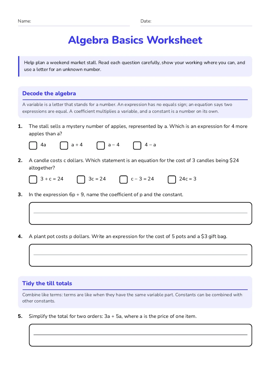 Algebra Basics Worksheet, page 1 of 3: Decode the algebra, Tidy the till totals