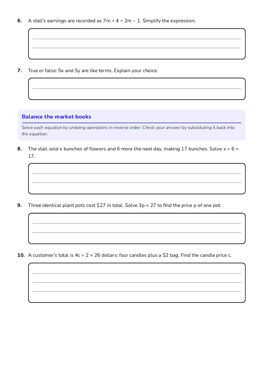 Algebra Basics Worksheet, page 2 of 3: Balance the market books