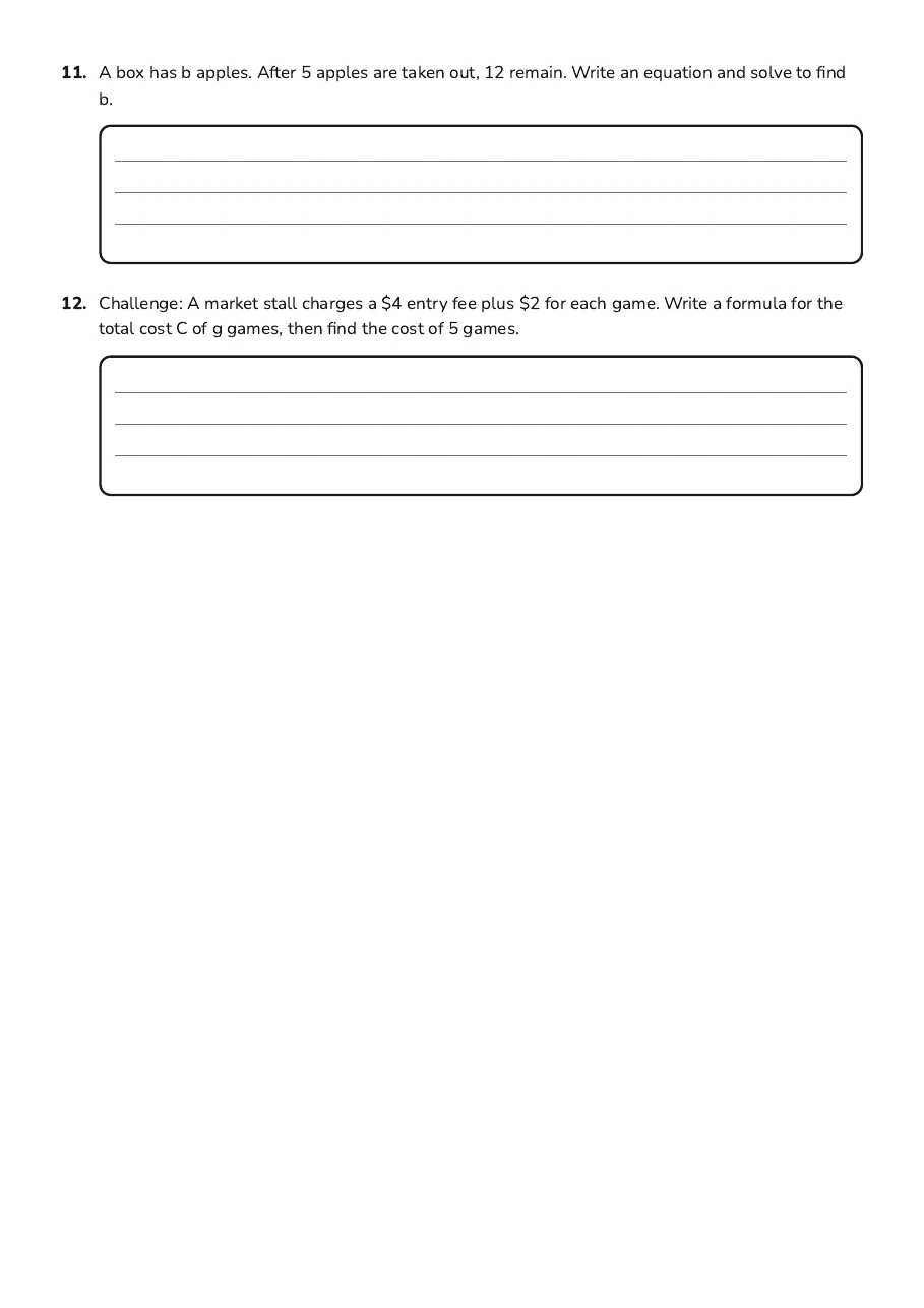 Algebra Basics Worksheet, page 3 of 3: 11. A box has b apples. After 5 apples are taken out, 12 remain. Write an equation and…