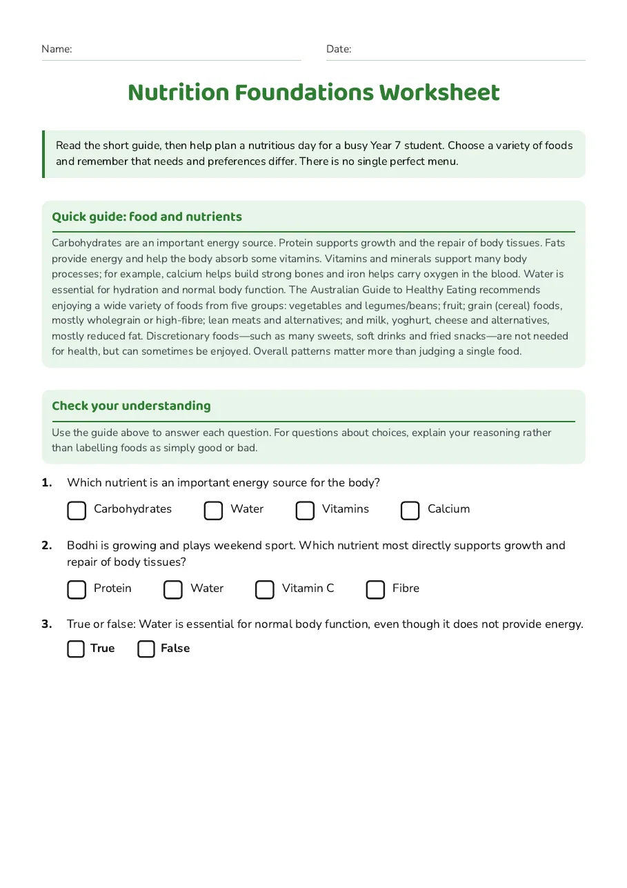 Nutrition Foundations Worksheet, page 1 of 3: Quick guide: food and nutrients, Check your understanding