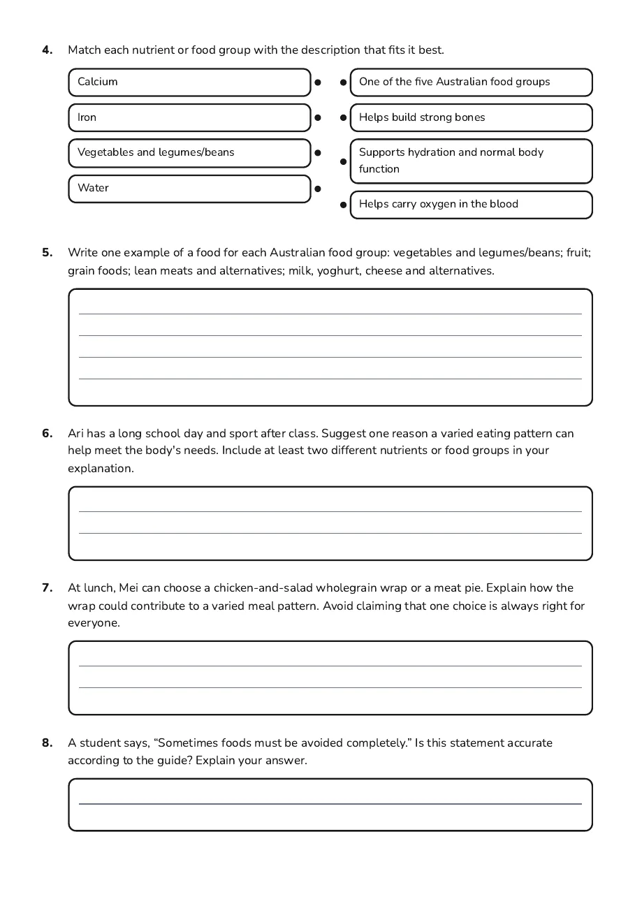 Nutrition Foundations Worksheet, page 2 of 3: 4. Match each nutrient or food group with the description that fits it best.