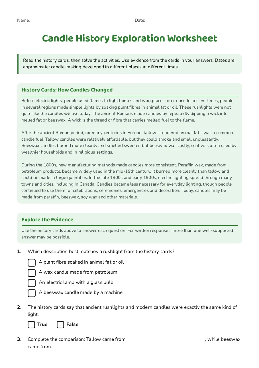 Candle History Exploration Worksheet, page 1 of 3: History Cards: How Candles Changed, Explore the Evidence