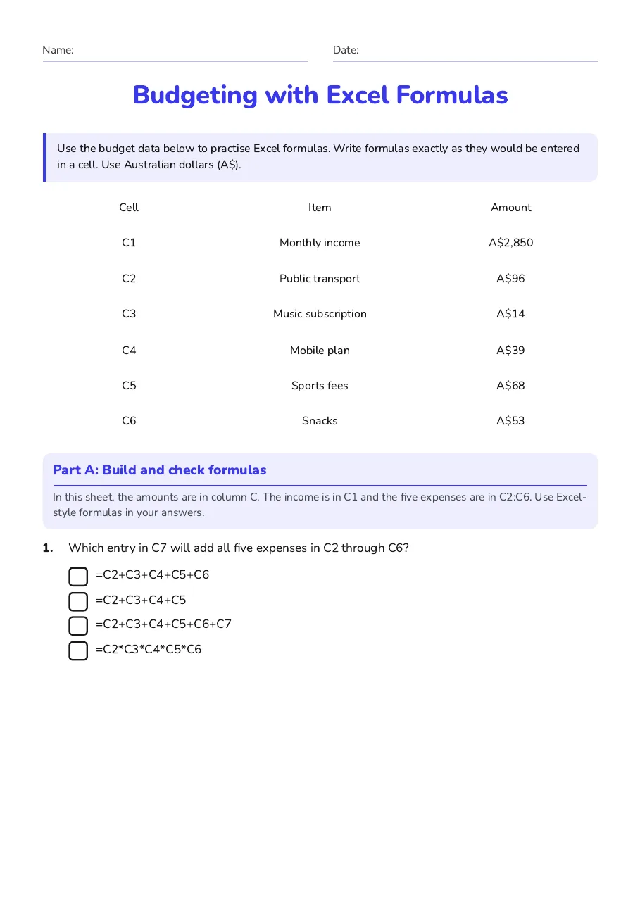 Budgeting with Excel Formulas, page 1 of 3: Part A: Build and check formulas