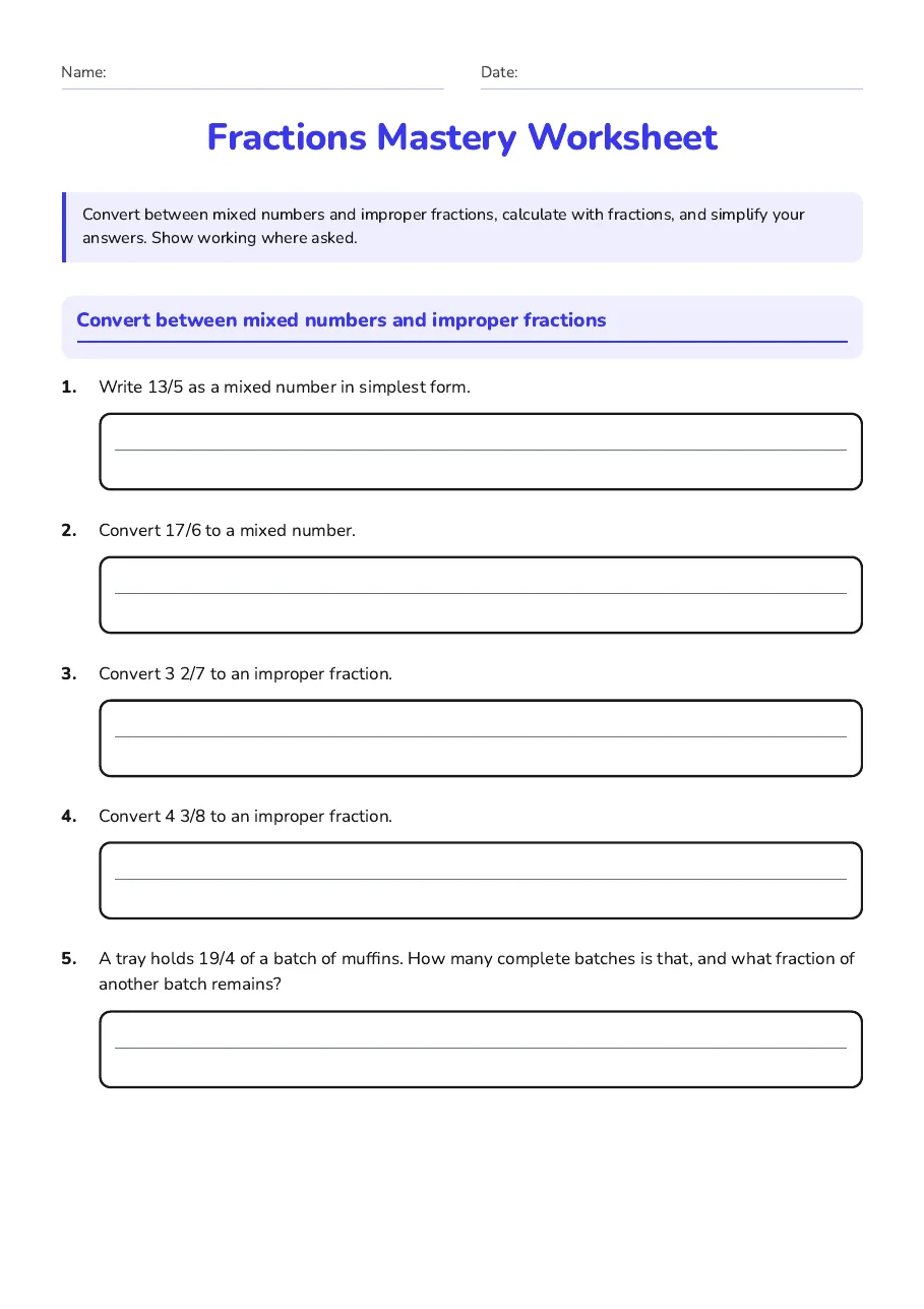 Fractions Mastery Worksheet, page 1 of 3: Convert between mixed numbers and improper fractions