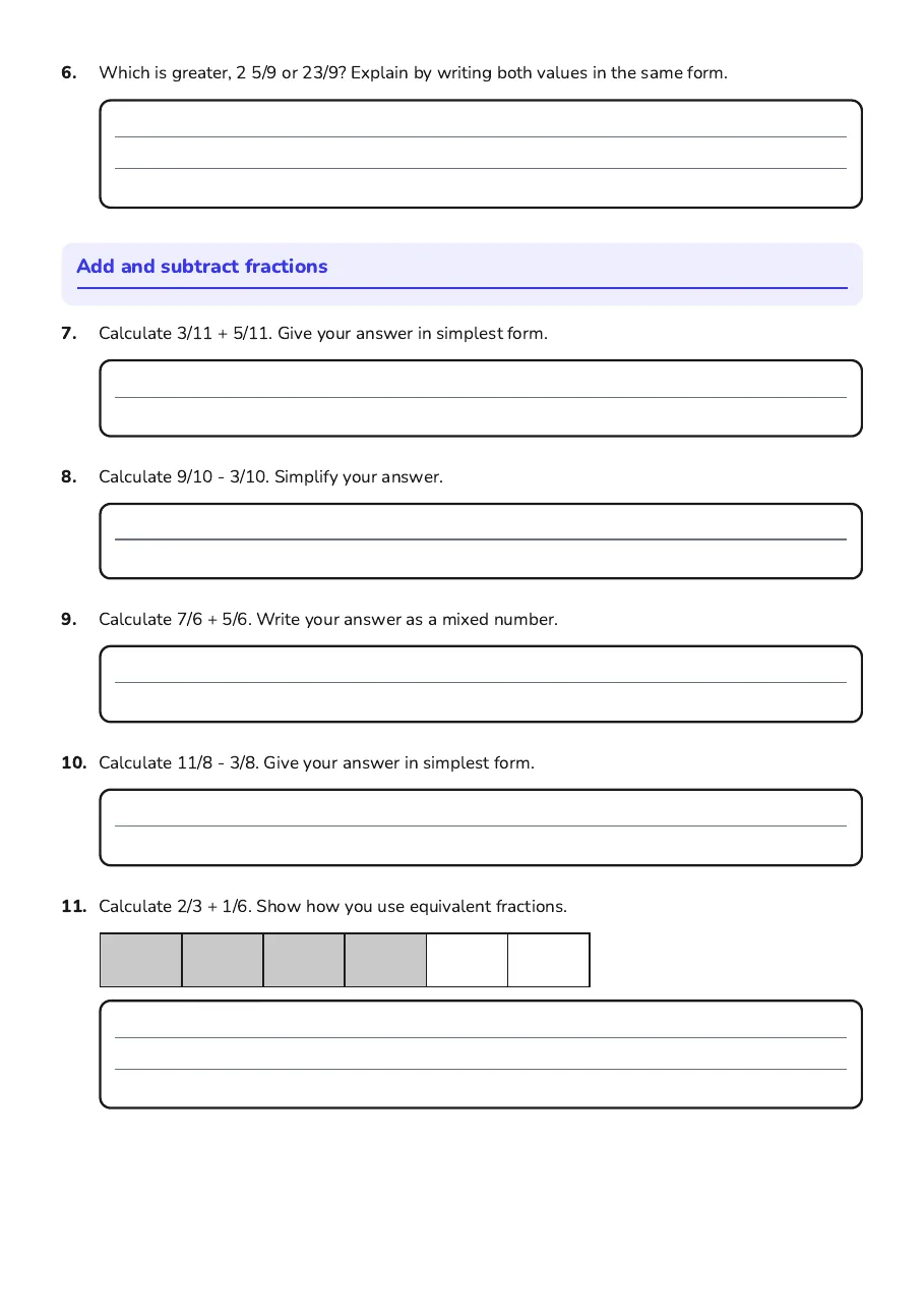 Fractions Mastery Worksheet, page 2 of 3: Add and subtract fractions
