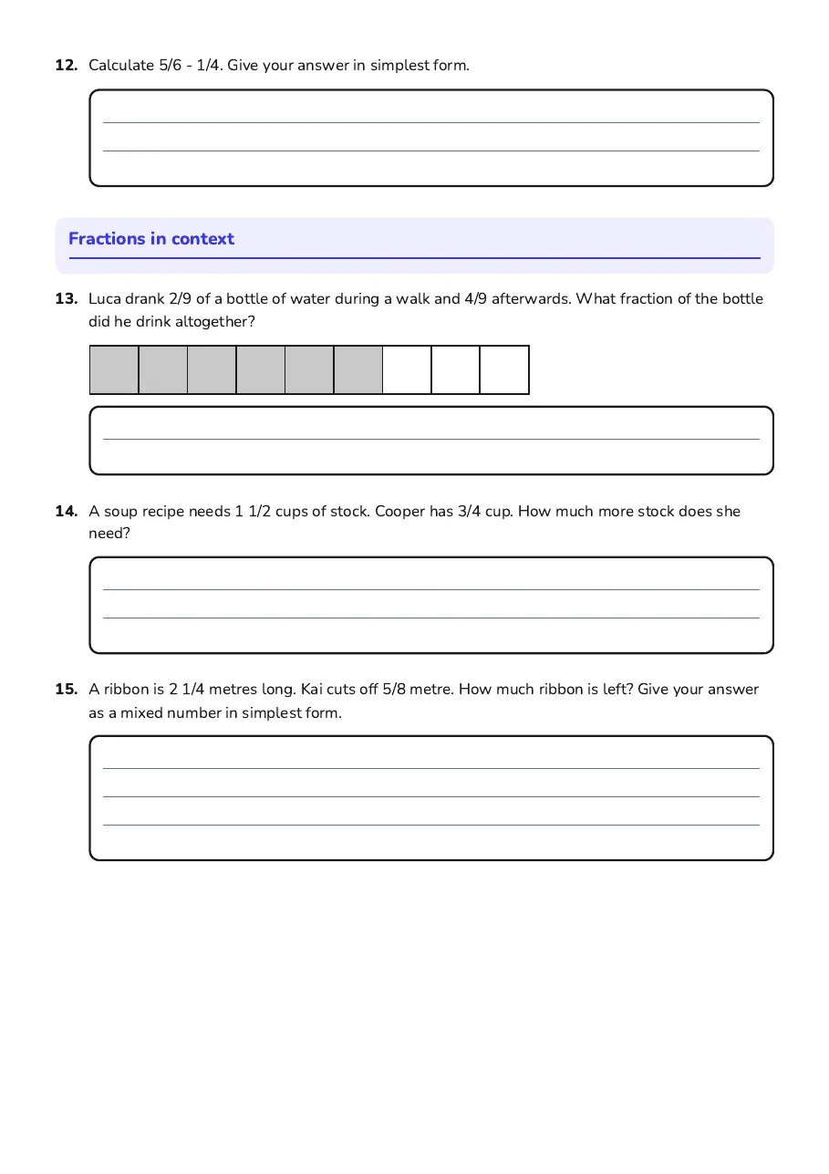 Fractions Mastery Worksheet, page 3 of 3: Fractions in context