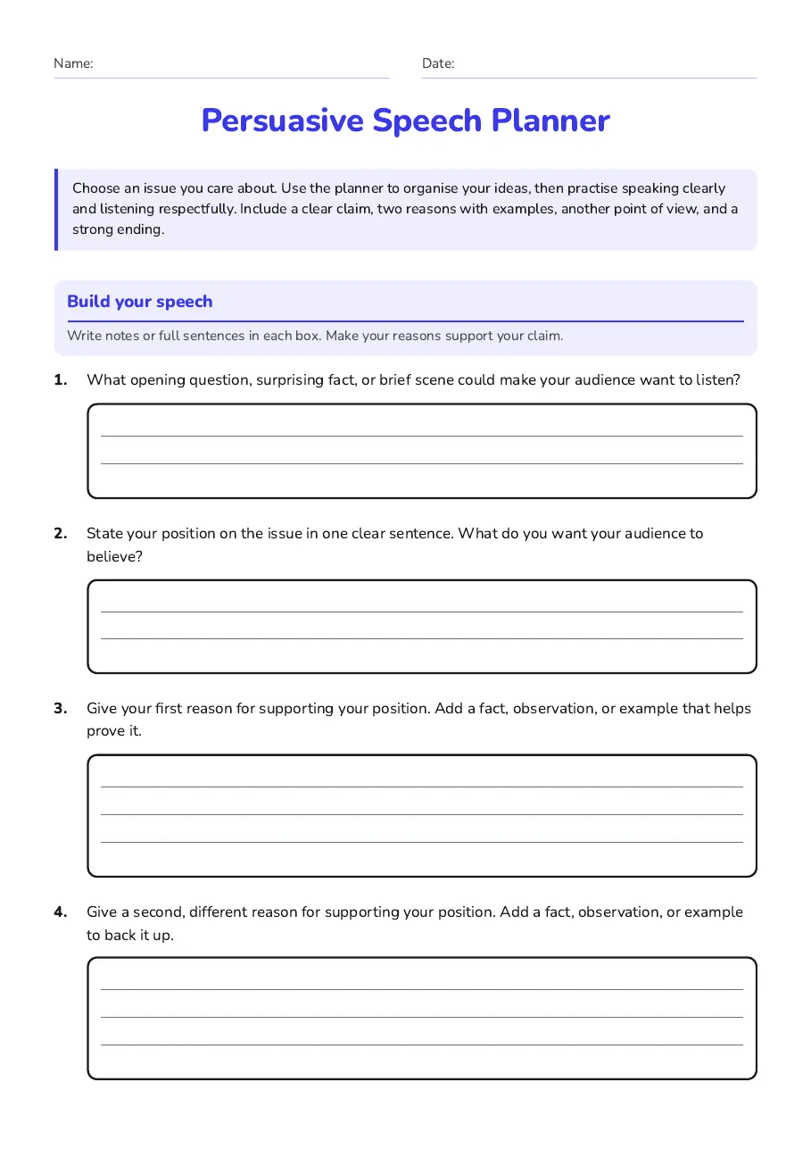 Persuasive Speech Planner, page 1 of 2: Build your speech