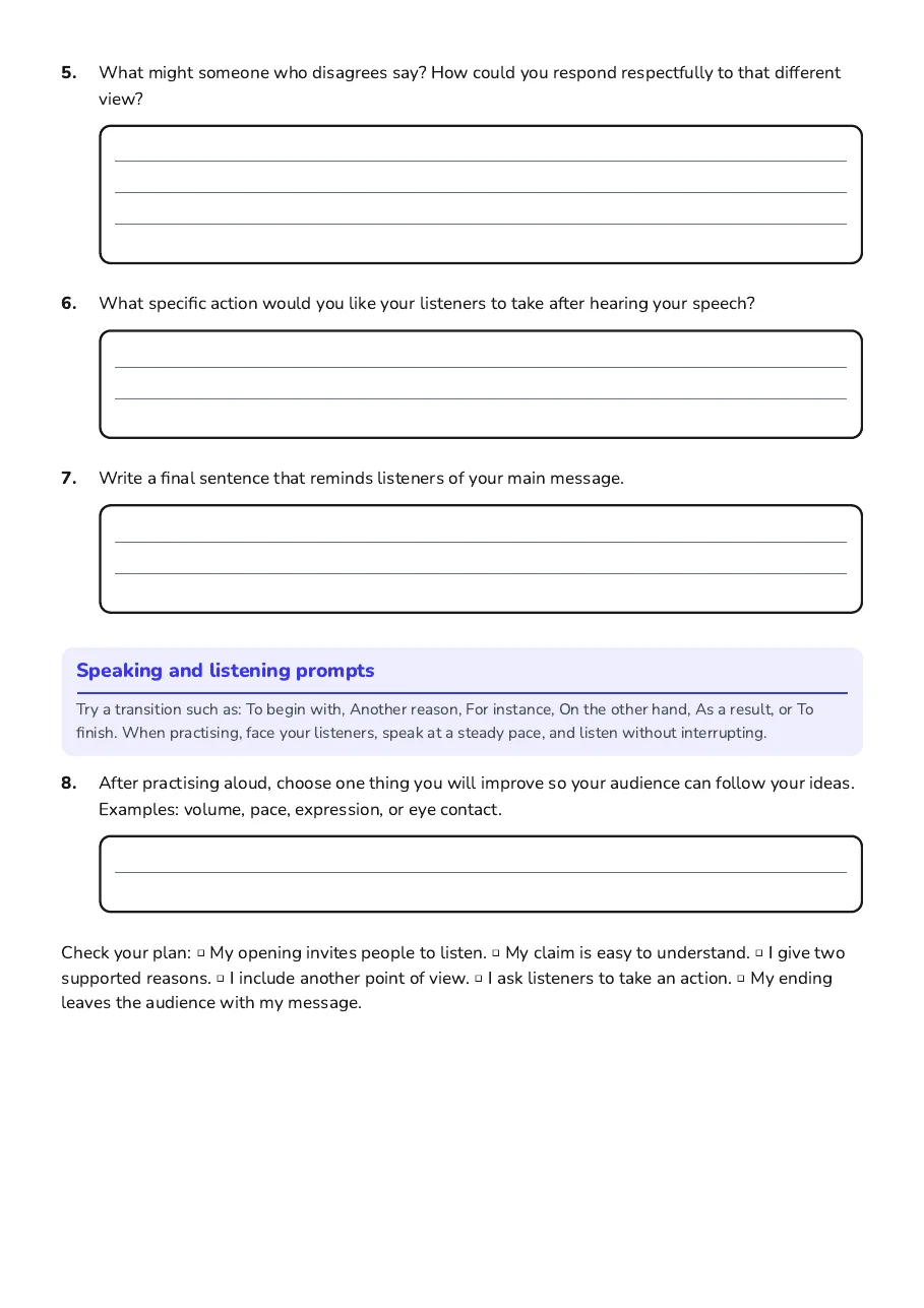 Persuasive Speech Planner, page 2 of 2: Speaking and listening prompts