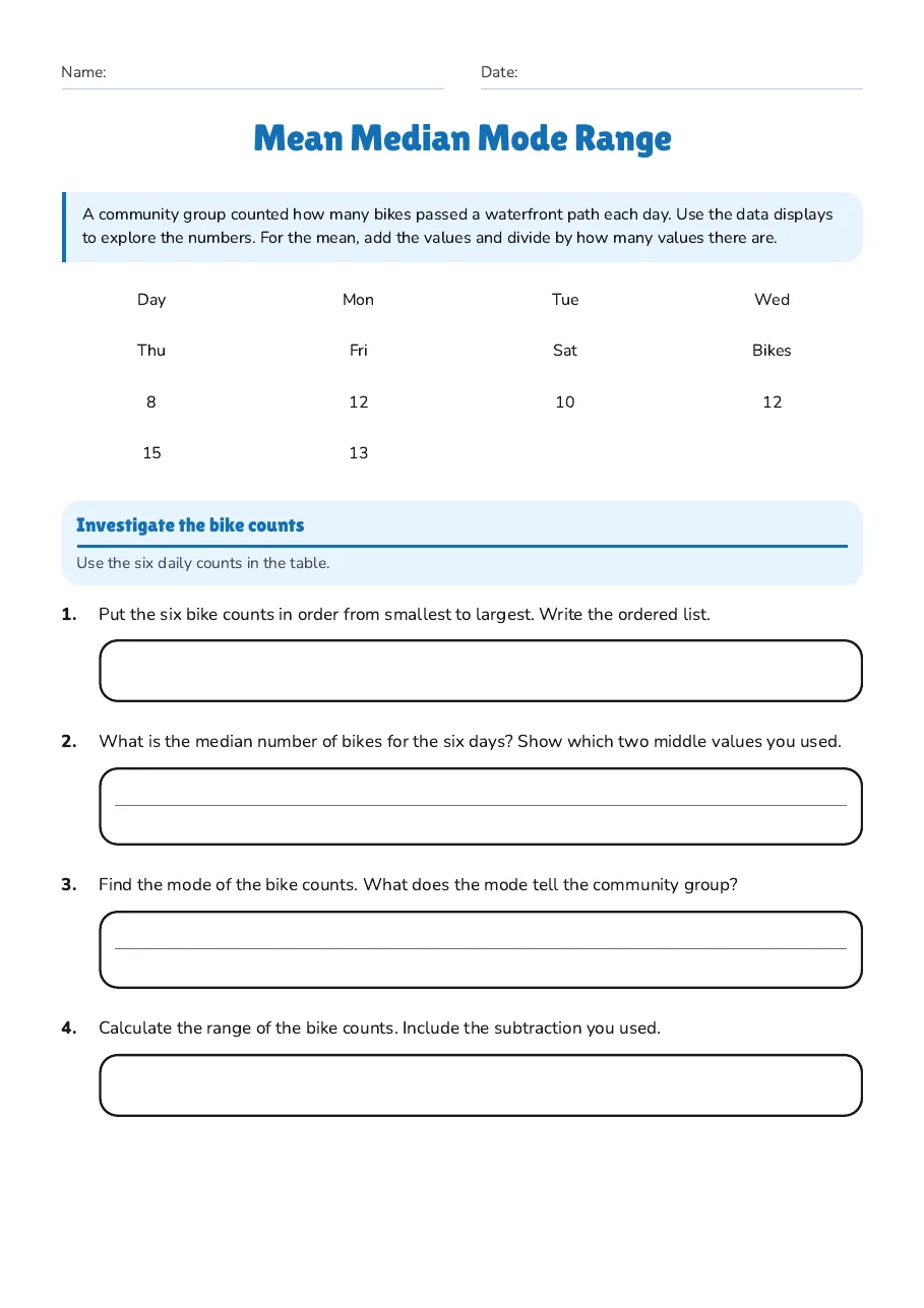 Mean Median Mode Range, page 1 of 3: Investigate the bike counts