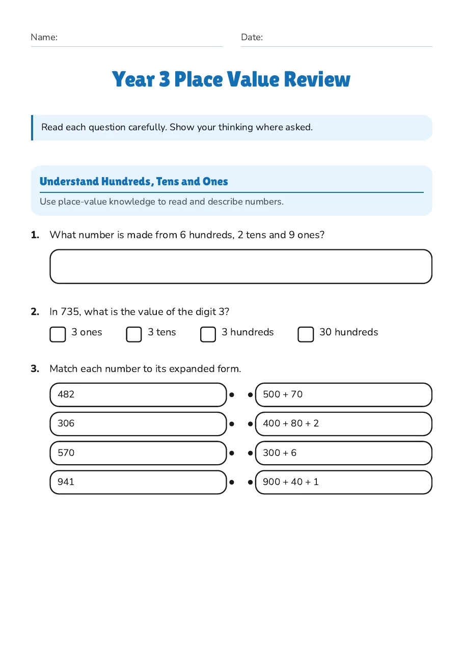 Year 3 Place Value Review, page 1 of 3: Understand Hundreds, Tens and Ones
