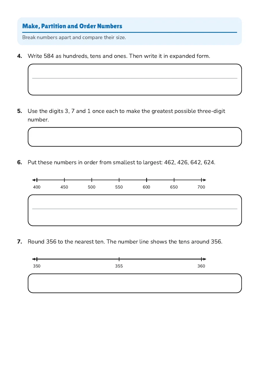 Year 3 Place Value Review, page 2 of 3: Make, Partition and Order Numbers