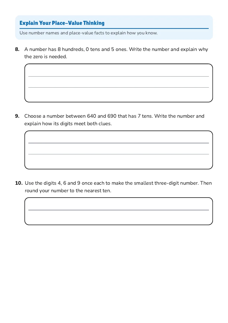 Year 3 Place Value Review, page 3 of 3: Explain Your Place-Value Thinking