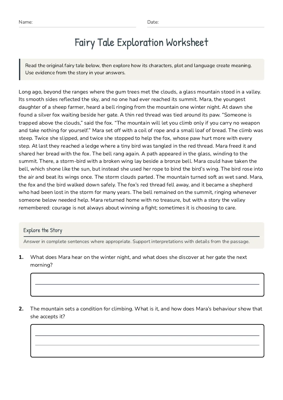Fairy Tale Exploration Worksheet, page 1 of 3: Explore the Story