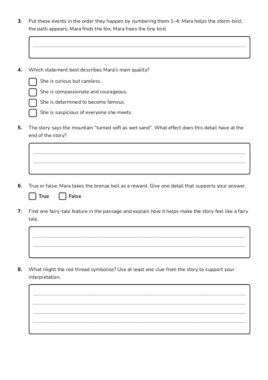Fairy Tale Exploration Worksheet, page 2 of 3: 3. Put these events in the order they happen by numbering them 1–4: Mara helps the…