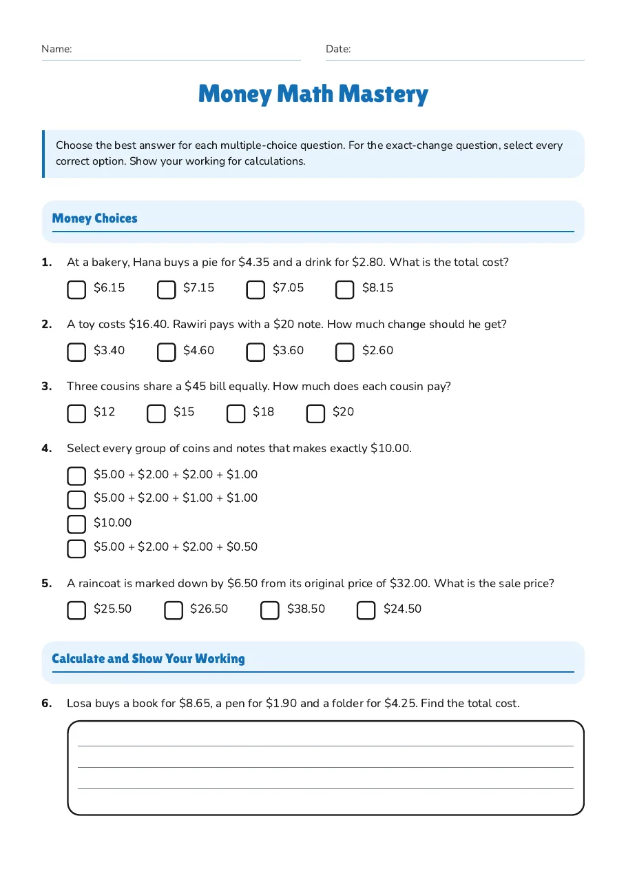 Money Math Mastery, page 1 of 2: Money Choices, Calculate and Show Your Working