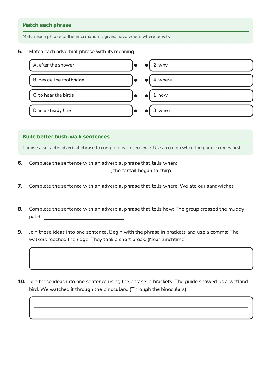 Bush Walk Adverbial Phrases, page 2 of 3: Match each phrase, Build better bush-walk sentences