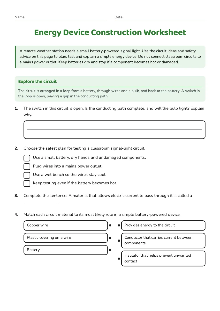 Energy Device Construction Worksheet, page 1 of 3: Explore the circuit