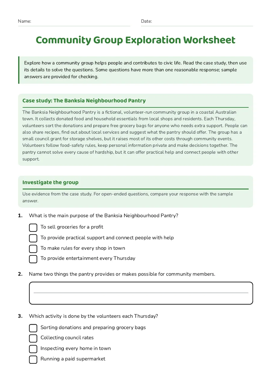Community Group Exploration Worksheet, page 1 of 3: Case study: The Banksia Neighbourhood Pantry, Investigate the group