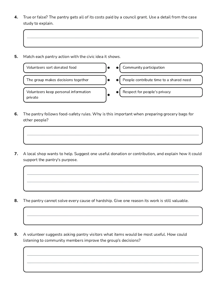 Community Group Exploration Worksheet, page 2 of 3: 4. True or false? The pantry gets all of its costs paid by a council grant. Use a detail…