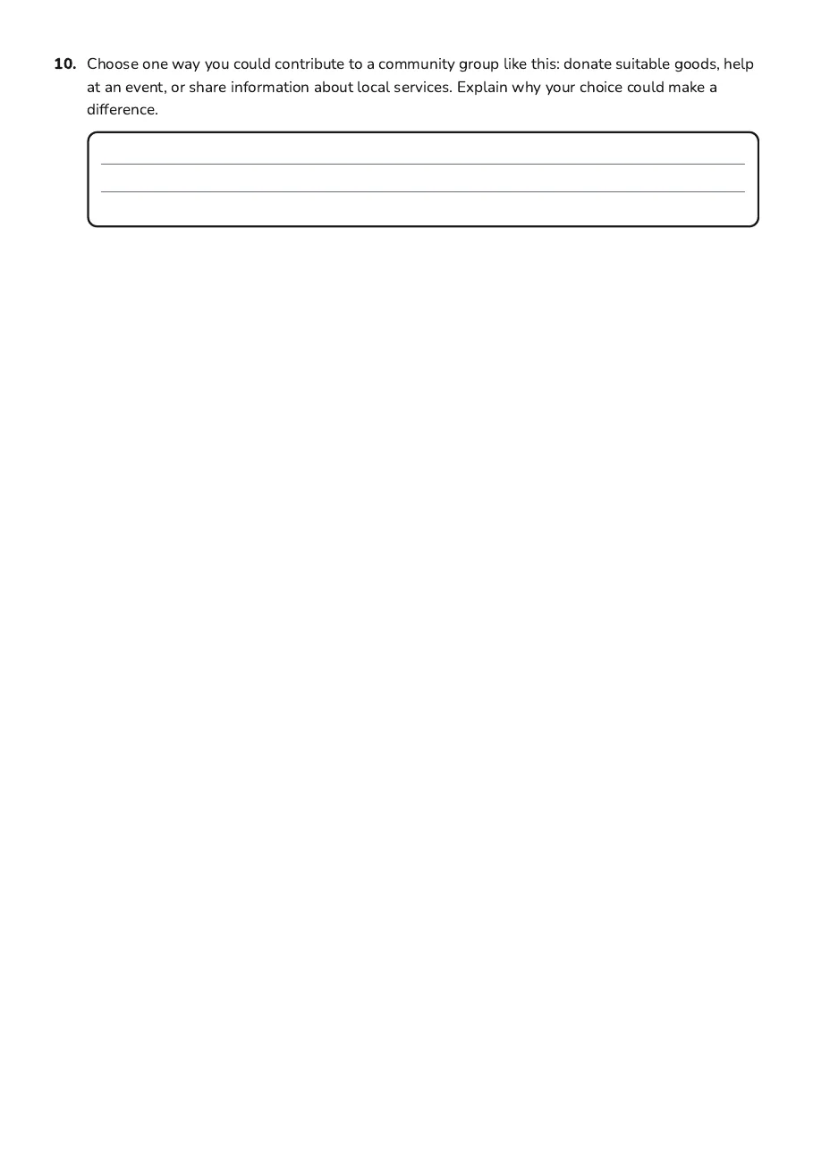 Community Group Exploration Worksheet, page 3 of 3: 10. Choose one way you could contribute to a community group like this: donate suitable…