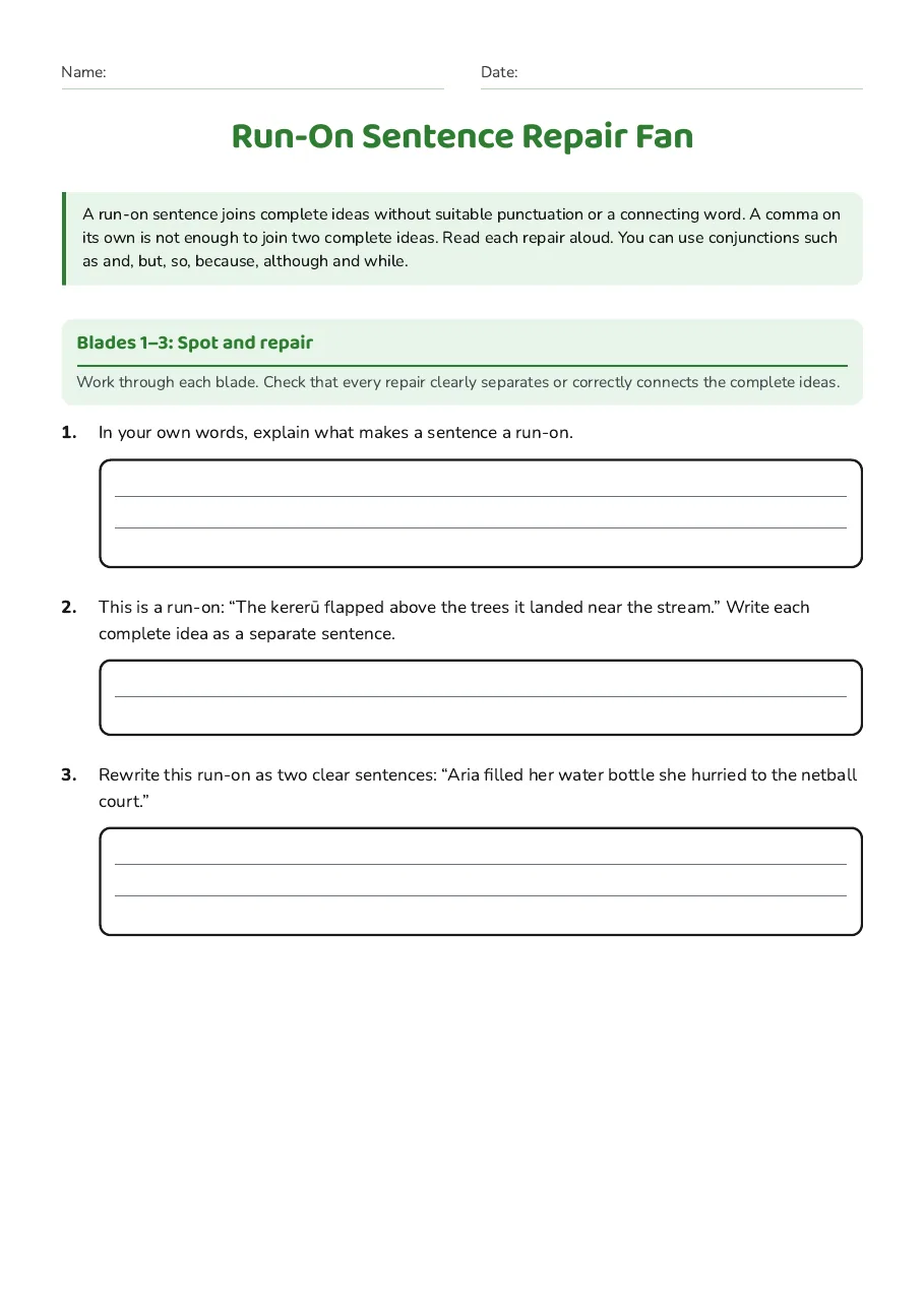 Run-On Sentence Repair Fan, page 1 of 2: Blades 1–3: Spot and repair