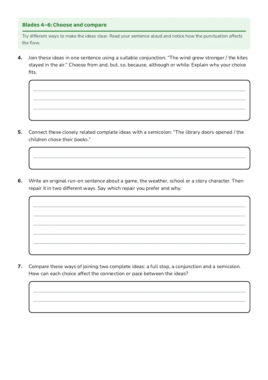 Run-On Sentence Repair Fan, page 2 of 2: Blades 4–6: Choose and compare