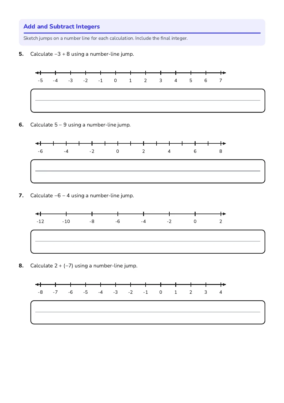 Integers on the Number Line, page 2 of 3: Add and Subtract Integers