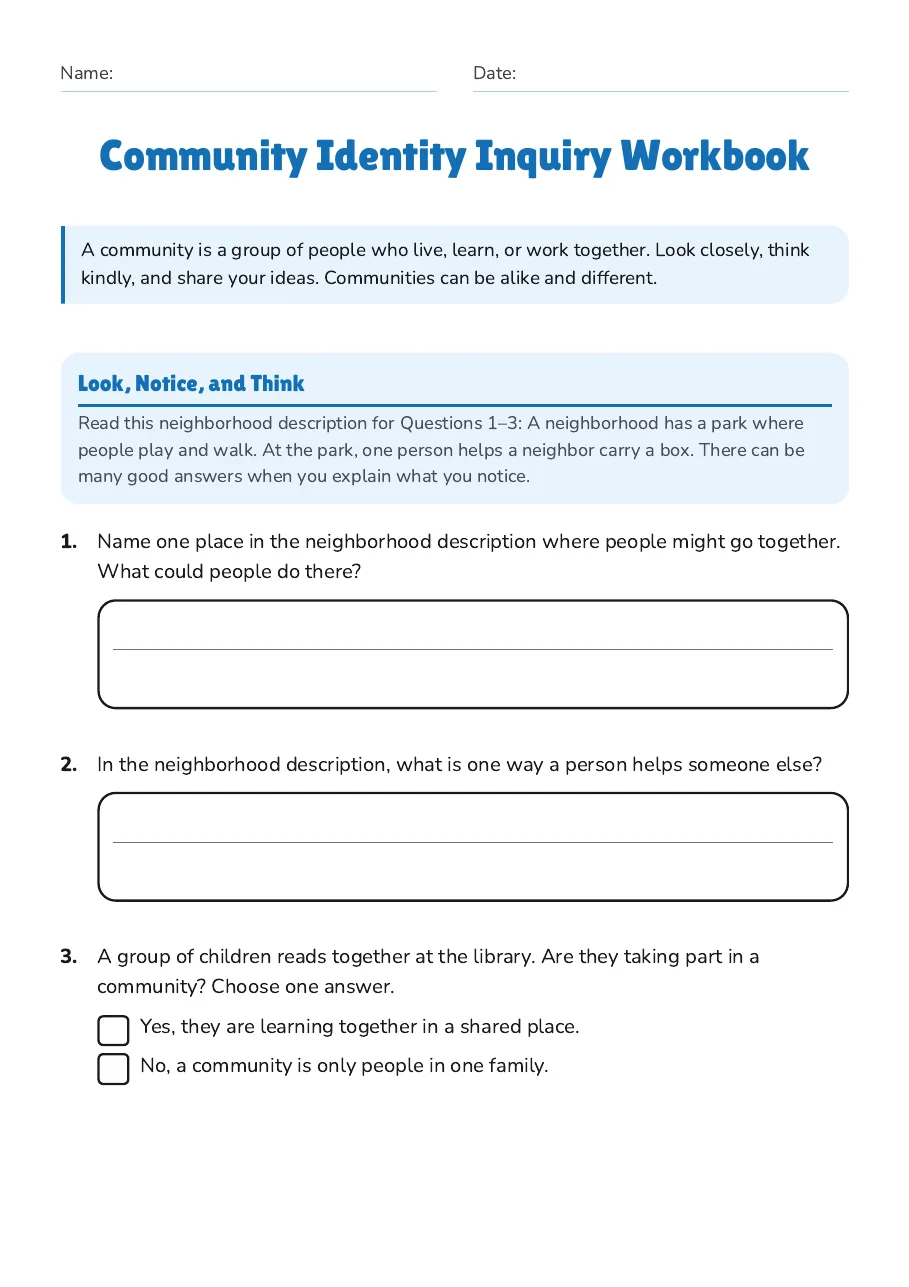 Community Identity Inquiry Workbook, page 1 of 3: Look, Notice, and Think