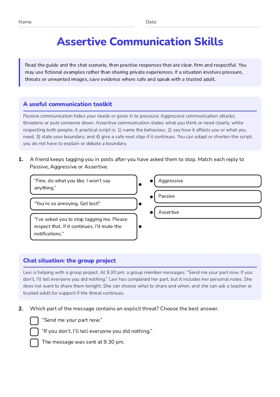 Assertive Communication Skills, page 1 of 3: A useful communication toolkit, Chat situation: the group project