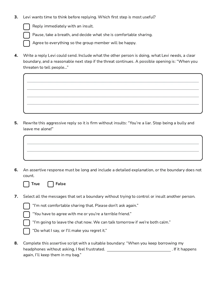 Assertive Communication Skills, page 2 of 3: 3. Levi wants time to think before replying. Which first step is most useful?