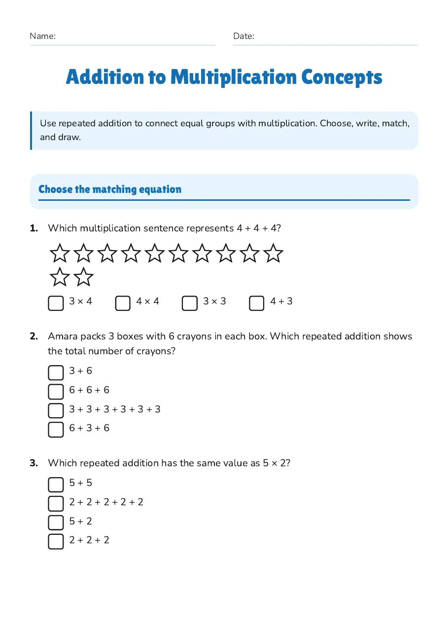 Addition to Multiplication Concepts, page 1 of 3: Choose the matching equation