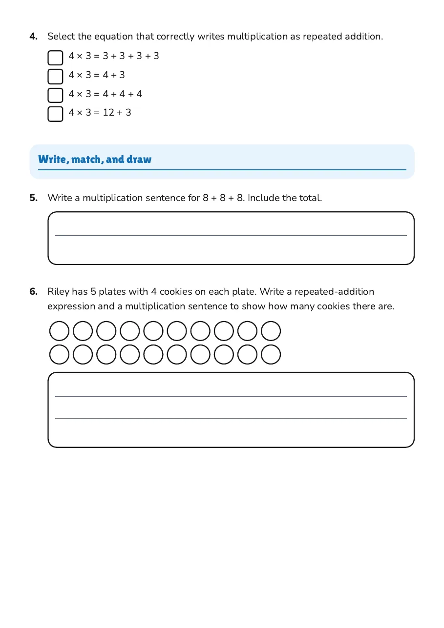 Addition to Multiplication Concepts, page 2 of 3: Write, match, and draw