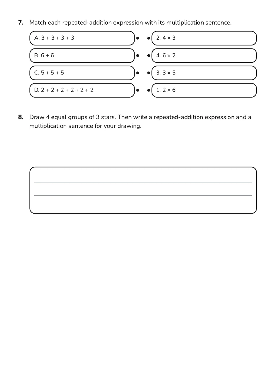 Addition to Multiplication Concepts, page 3 of 3: 7. Match each repeated-addition expression with its multiplication sentence.