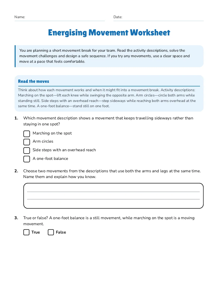 Energising Movement Worksheet, page 1 of 3: Read the moves
