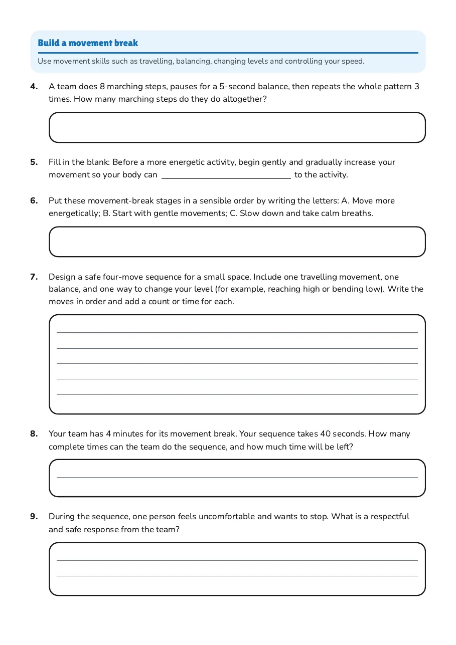 Energising Movement Worksheet, page 2 of 3: Build a movement break