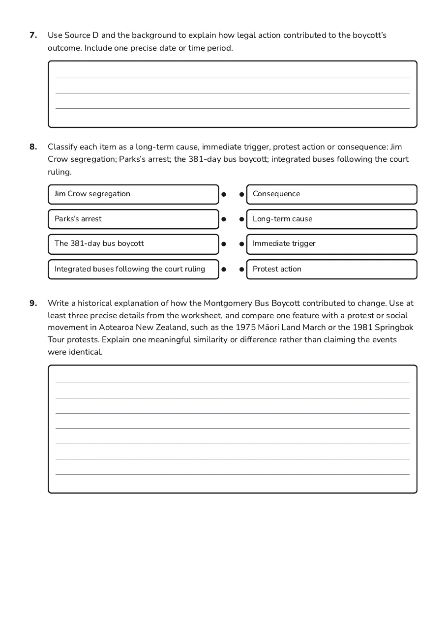 Montgomery Bus Boycott Overview, page 3 of 4: 7. Use Source D and the background to explain how legal action contributed to the…