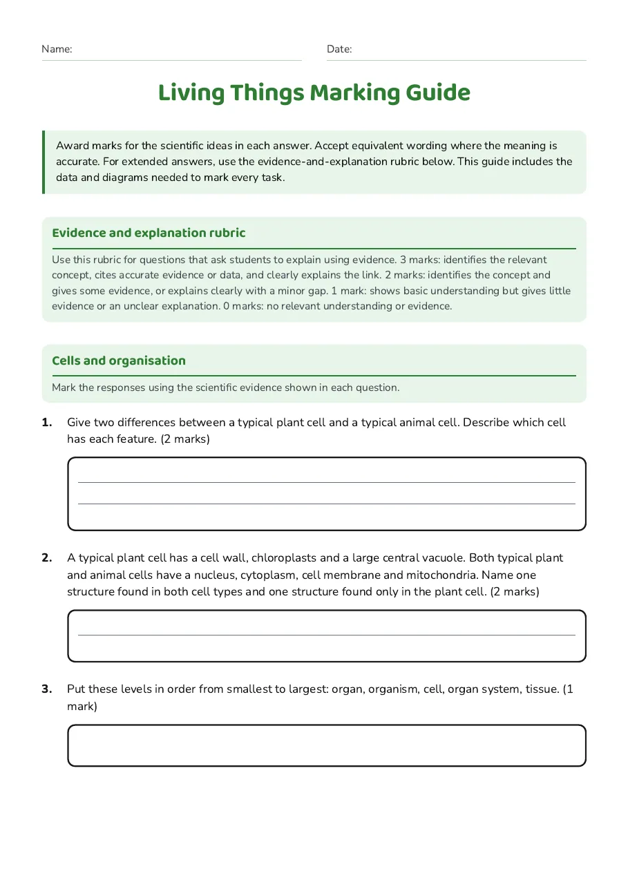 Living Things Marking Guide, page 1 of 3: Evidence and explanation rubric, Cells and organisation
