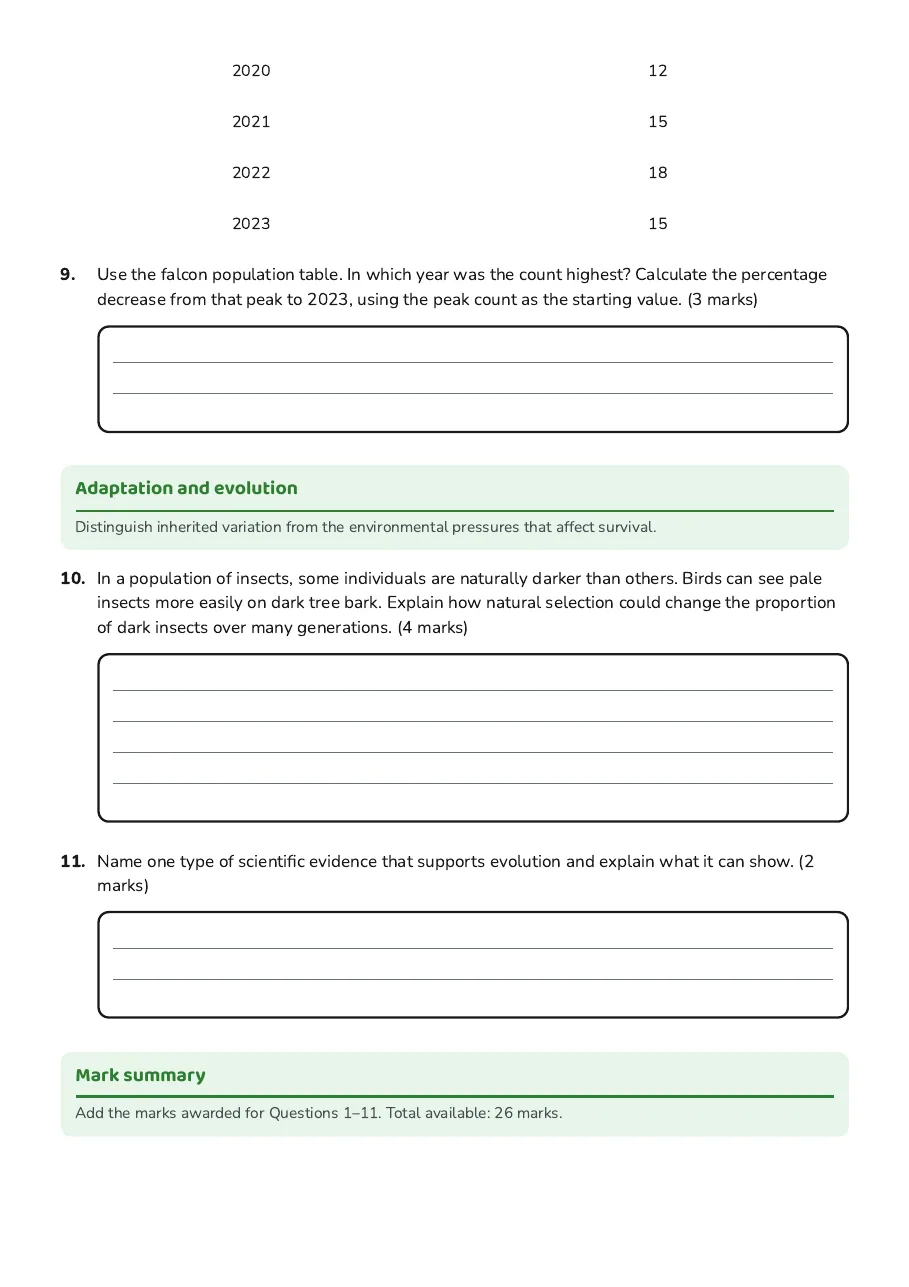 Living Things Marking Guide, page 3 of 3: Adaptation and evolution, Mark summary