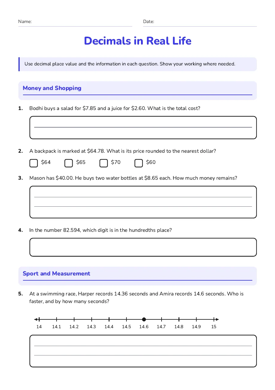 A worksheet page about decimals in shopping, including a colourful illustration of Australian money, groceries and a calculator.