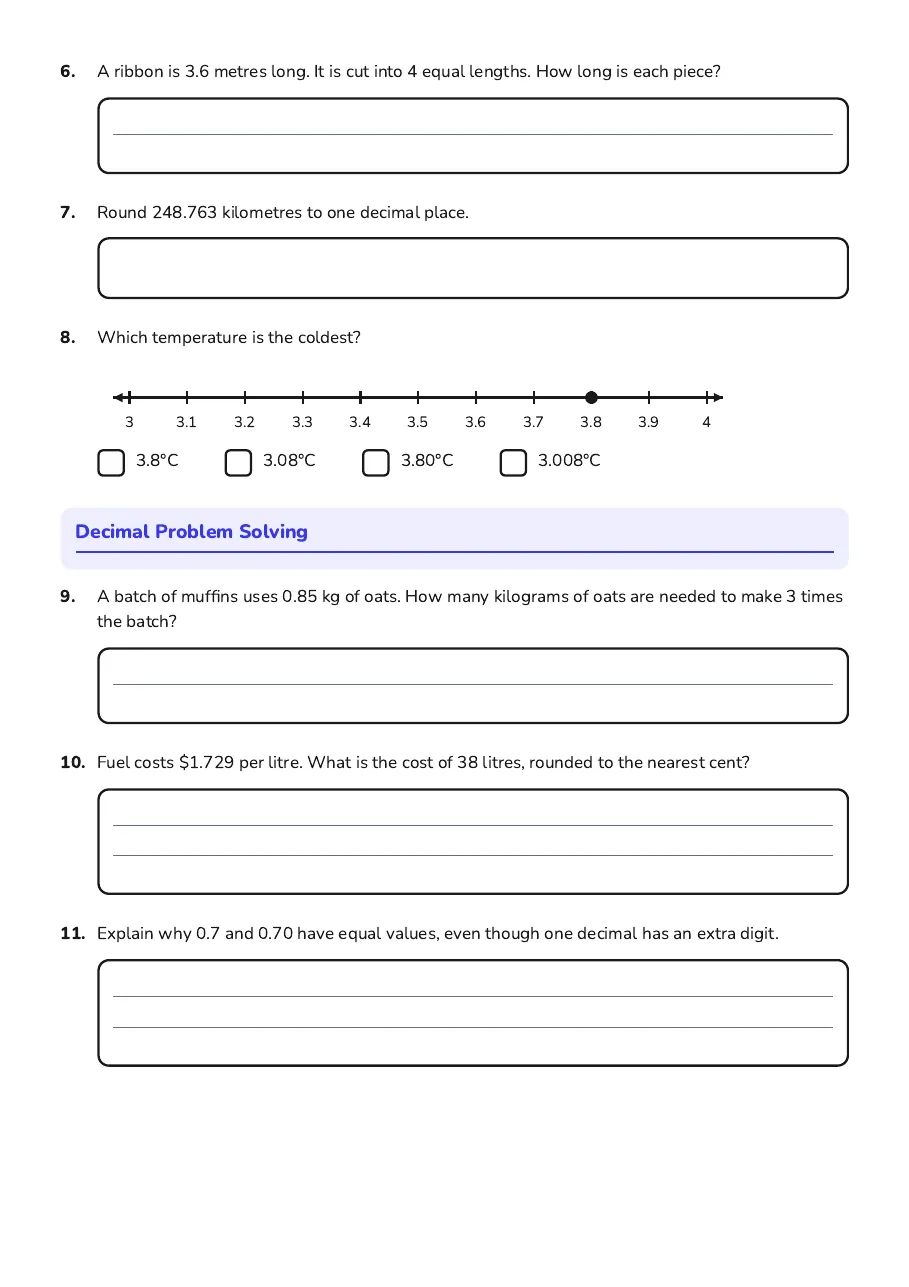 A worksheet page practising decimal comparisons, rounding, measurements and real-life calculations.