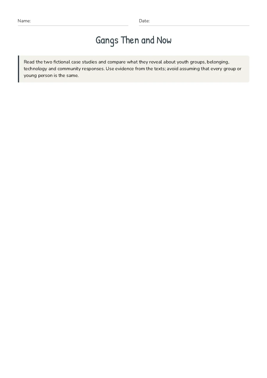 Gangs Then and Now, page 1 of 4: Read the two fictional case studies and compare what they reveal about youth groups,…