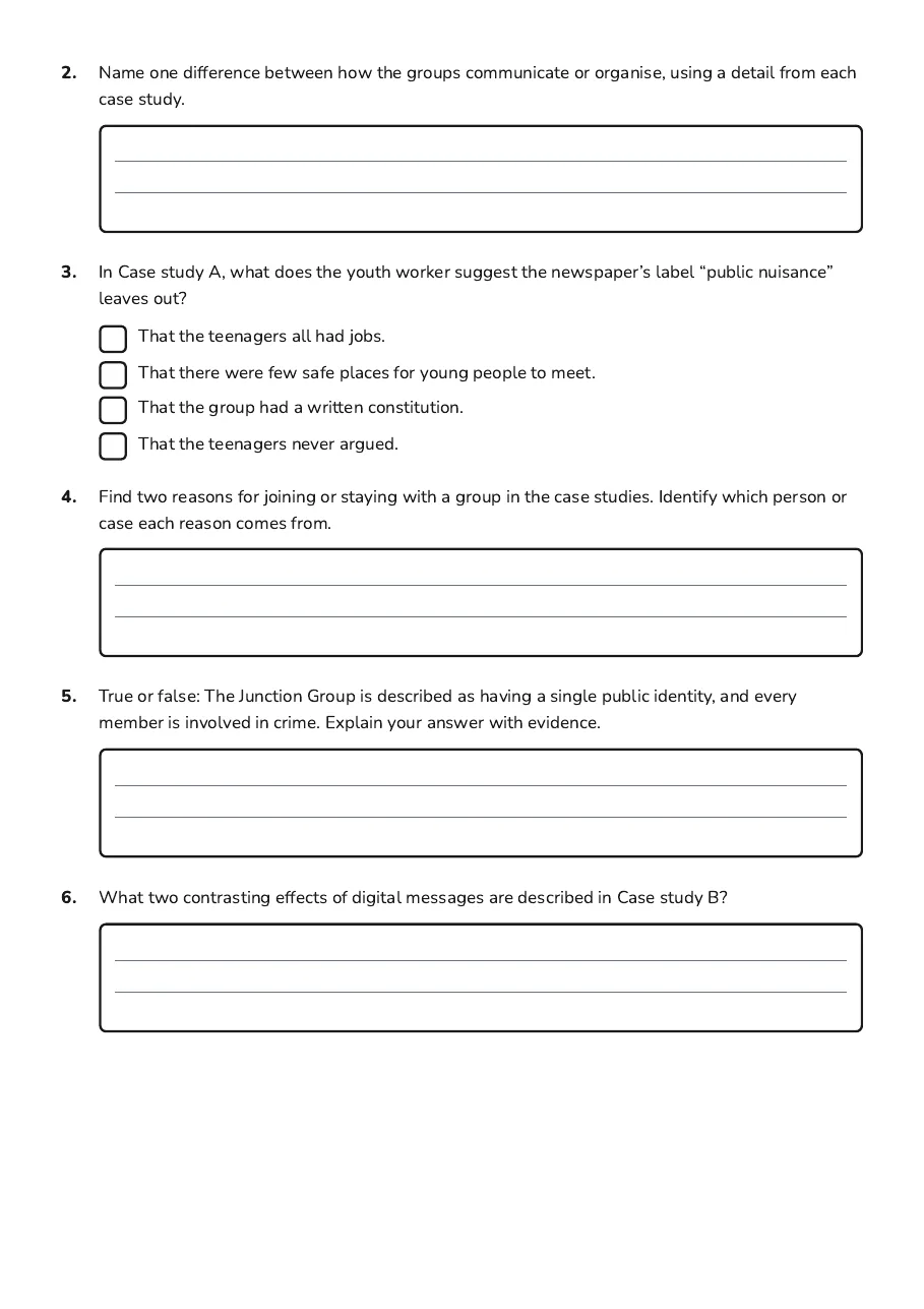 Gangs Then and Now, page 3 of 4: 2. Name one difference between how the groups communicate or organise, using a detail…