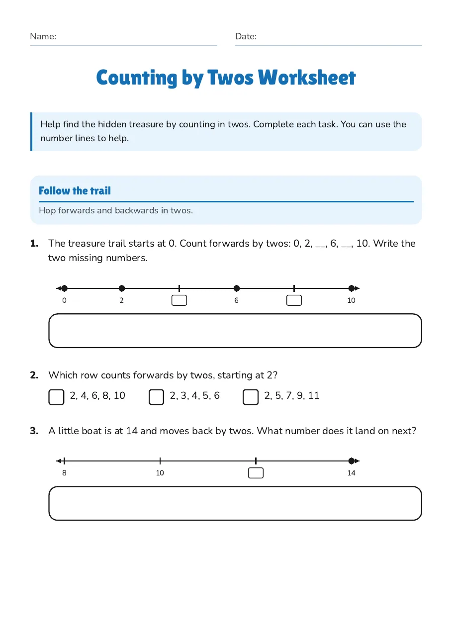Counting by Twos Worksheet, page 1 of 3: Follow the trail
