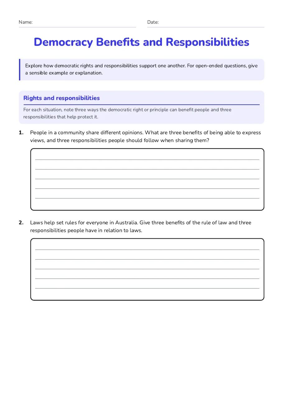 Democracy Benefits and Responsibilities, page 1 of 3: Rights and responsibilities