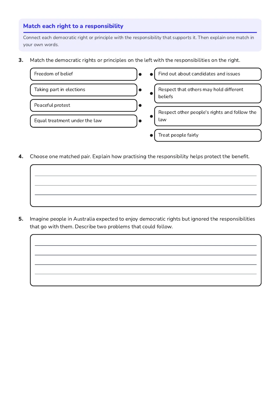 Democracy Benefits and Responsibilities, page 2 of 3: Match each right to a responsibility