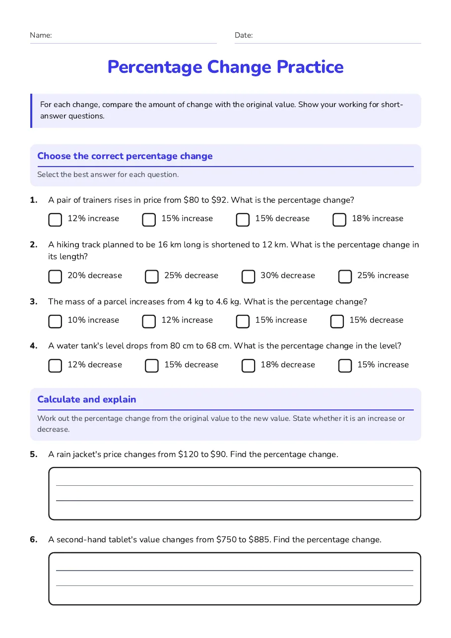 Percentage Change Practice, page 1 of 2: Choose the correct percentage change, Calculate and explain